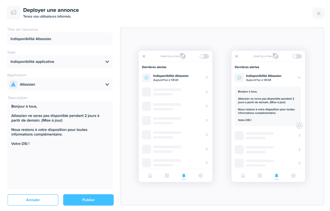 Bildschirm zur Konfiguration von Benutzerankündigungen in Kabeen