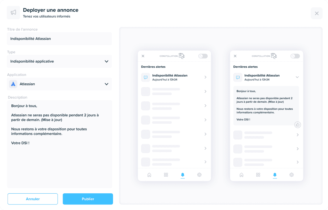 Bildschirm zur Konfiguration von Benutzerankündigungen in Kabeen